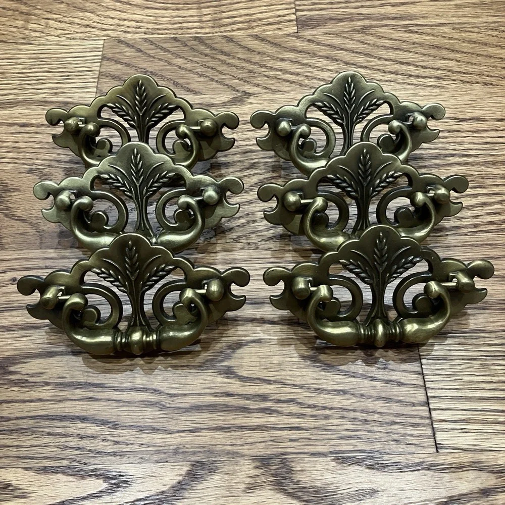Set Of 6 Vintage Continental Brass Plated Drawer Pulls Wheat Pattern Salvaged